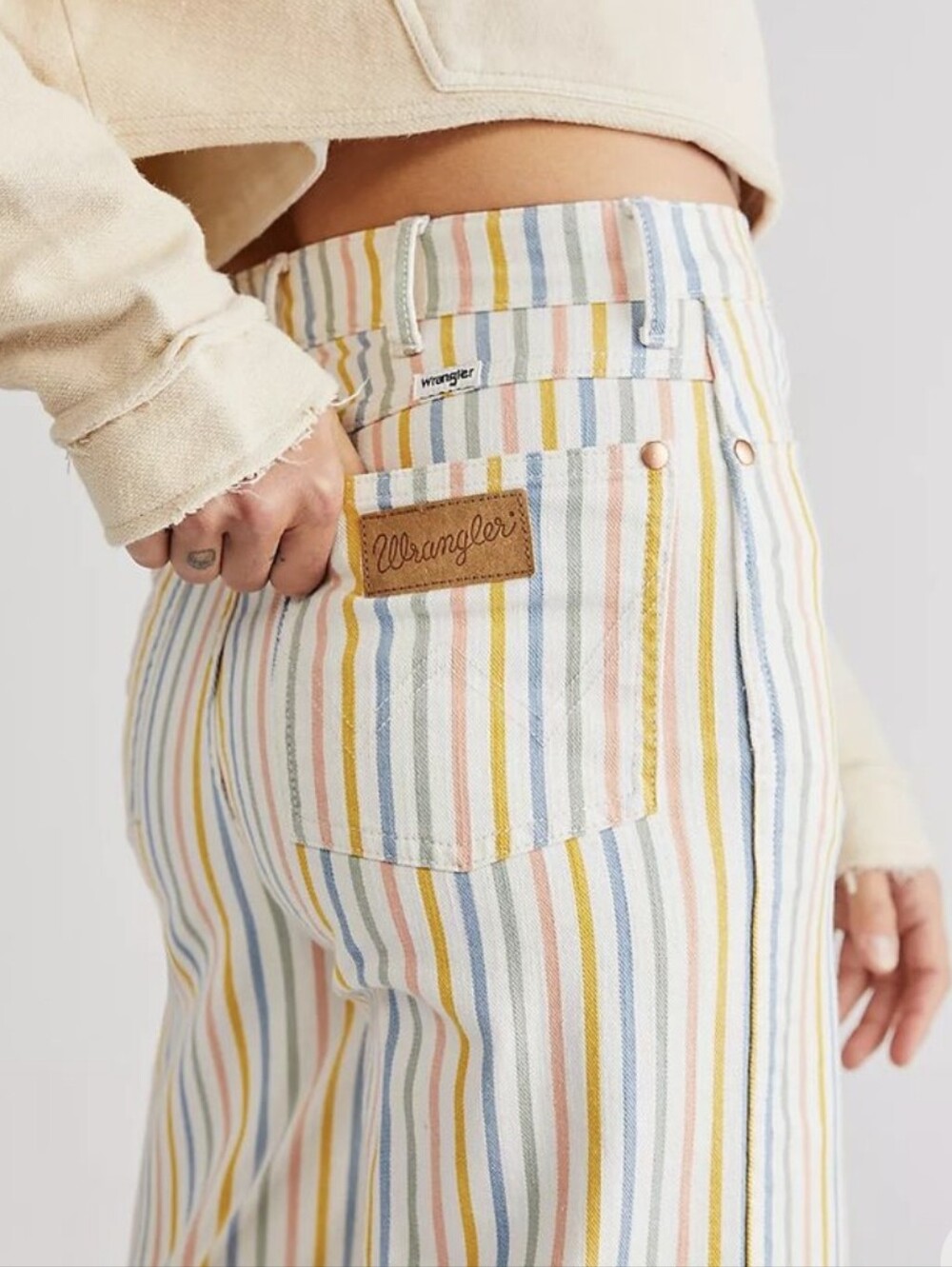 Wrangler Wanderer 622 High Rise Flare Jeans Sz 32x32 Pastel Rainbow Stripe Denim - Picture 3 of 14